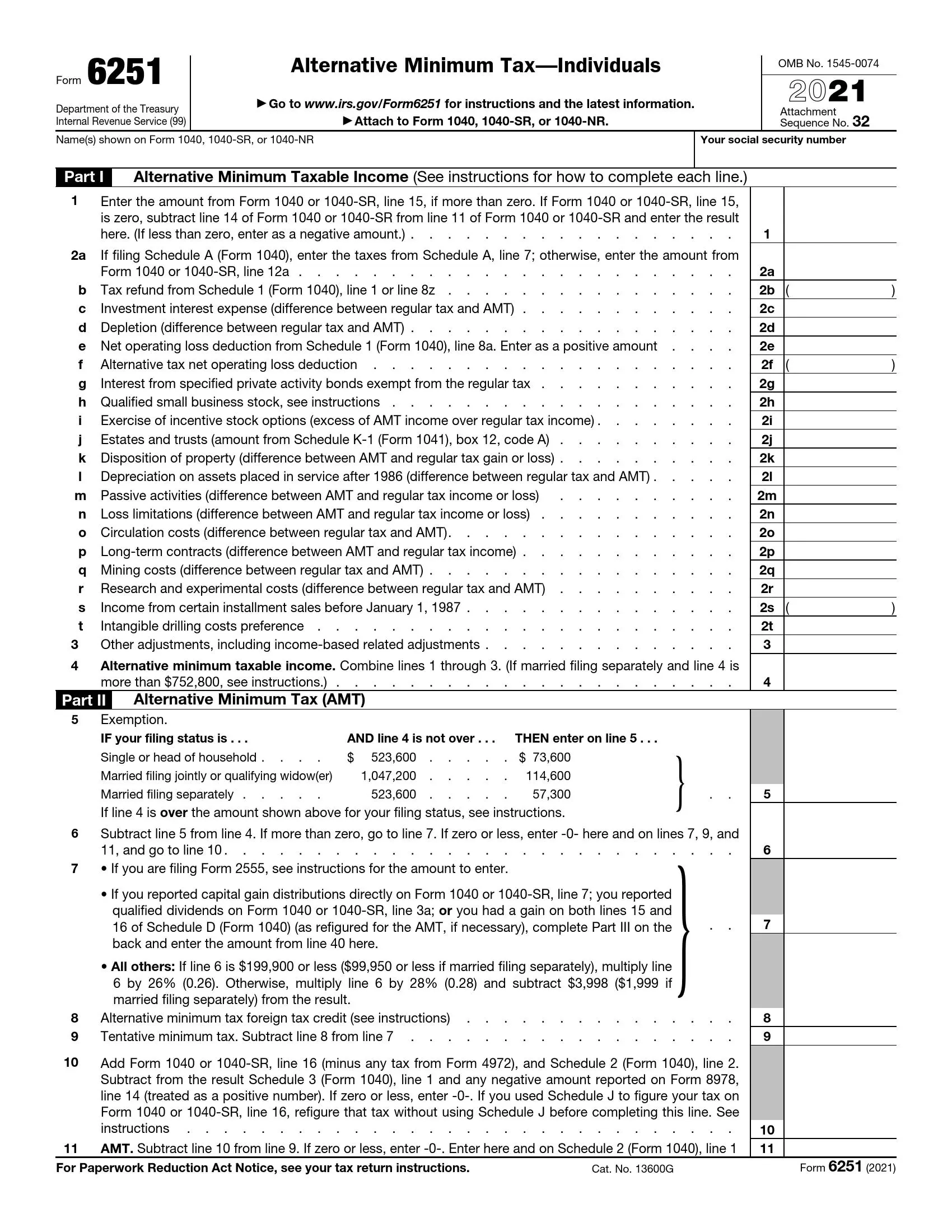 IRS Form 6251 Fill Out Printable PDF Forms Online