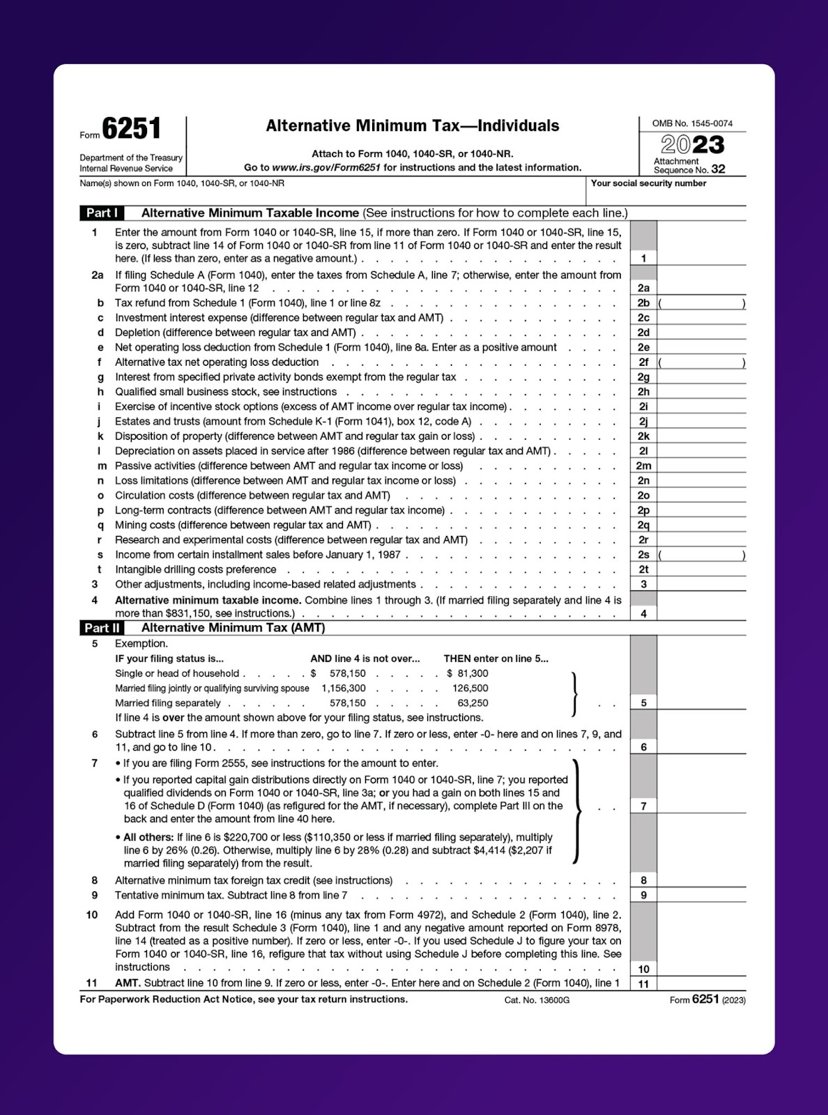 IRS Form 6251 Guide To Alternative Minimum Tax AMT 