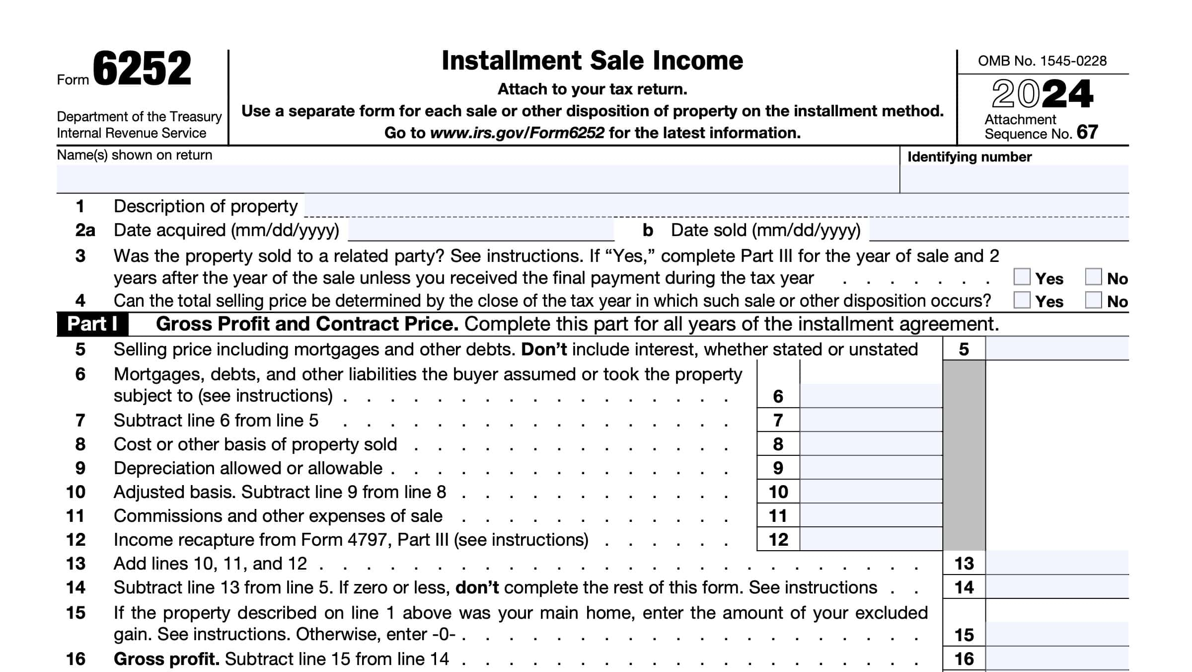 IRS Form 6252 Instructions Installment Sale Income