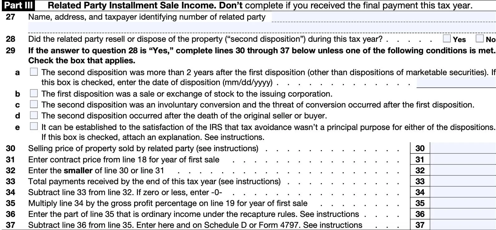 IRS Form 6252 Instructions Installment Sale Income