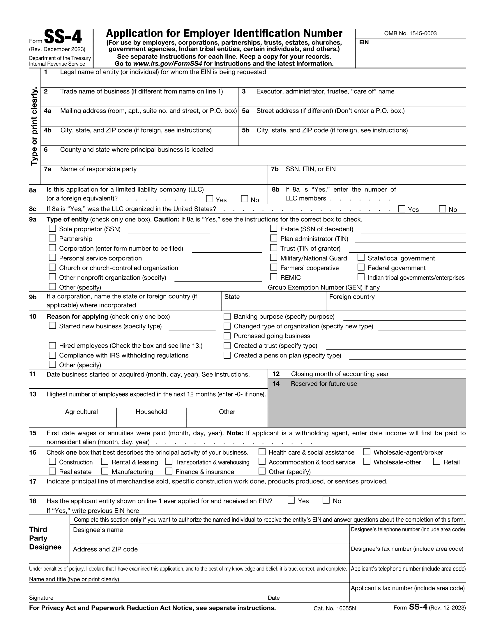 IRS Form SS 4 EIN Application Fill Online Download amp Send