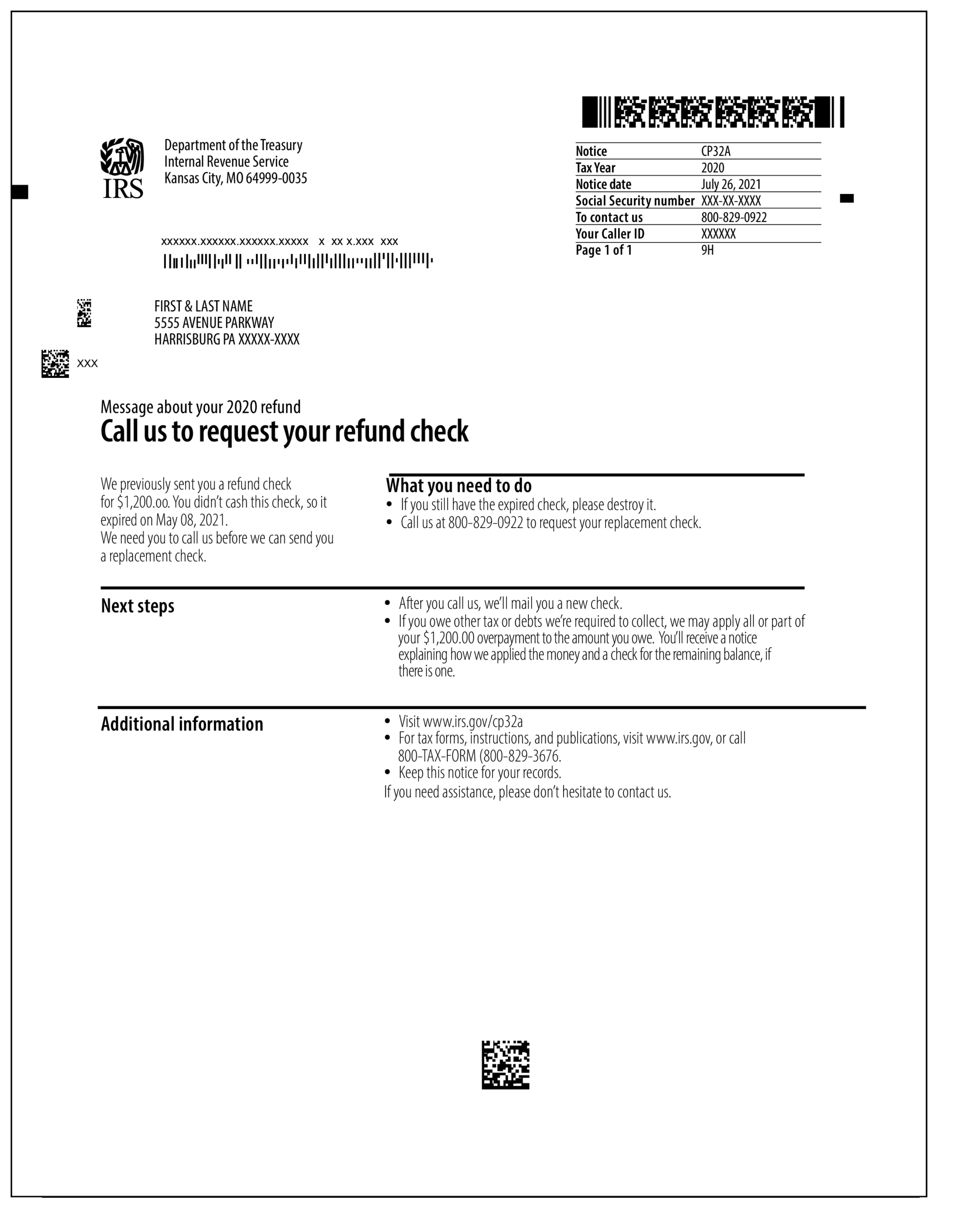 IRS Notice CP32A Call To Request Your Refund Check