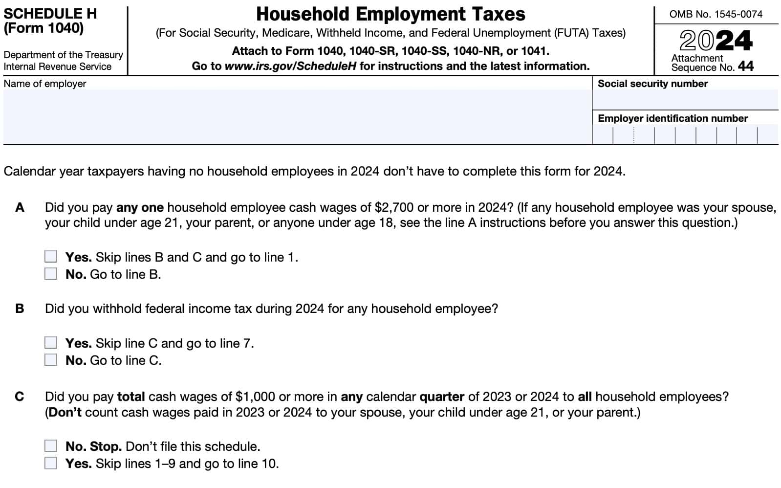 IRS Schedule H Instructions Household Employment Taxes