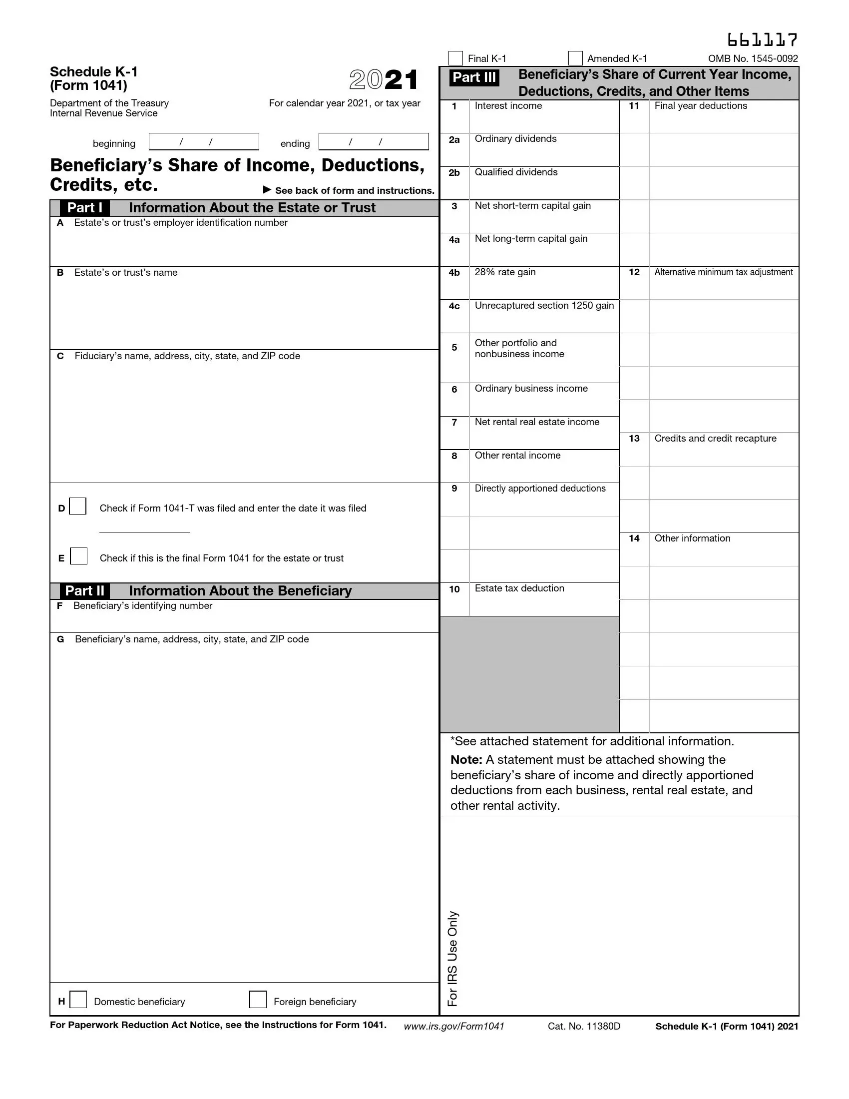 IRS Schedule K 1 Form 1041 Fill Out Printable PDF Forms Online