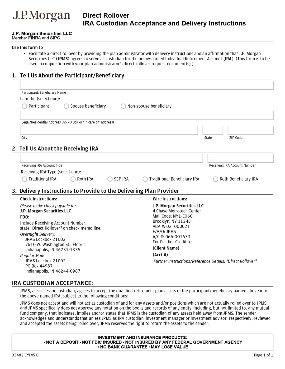 J P Morgan IRA Direct Rollover From Employer Sponsored Plan 