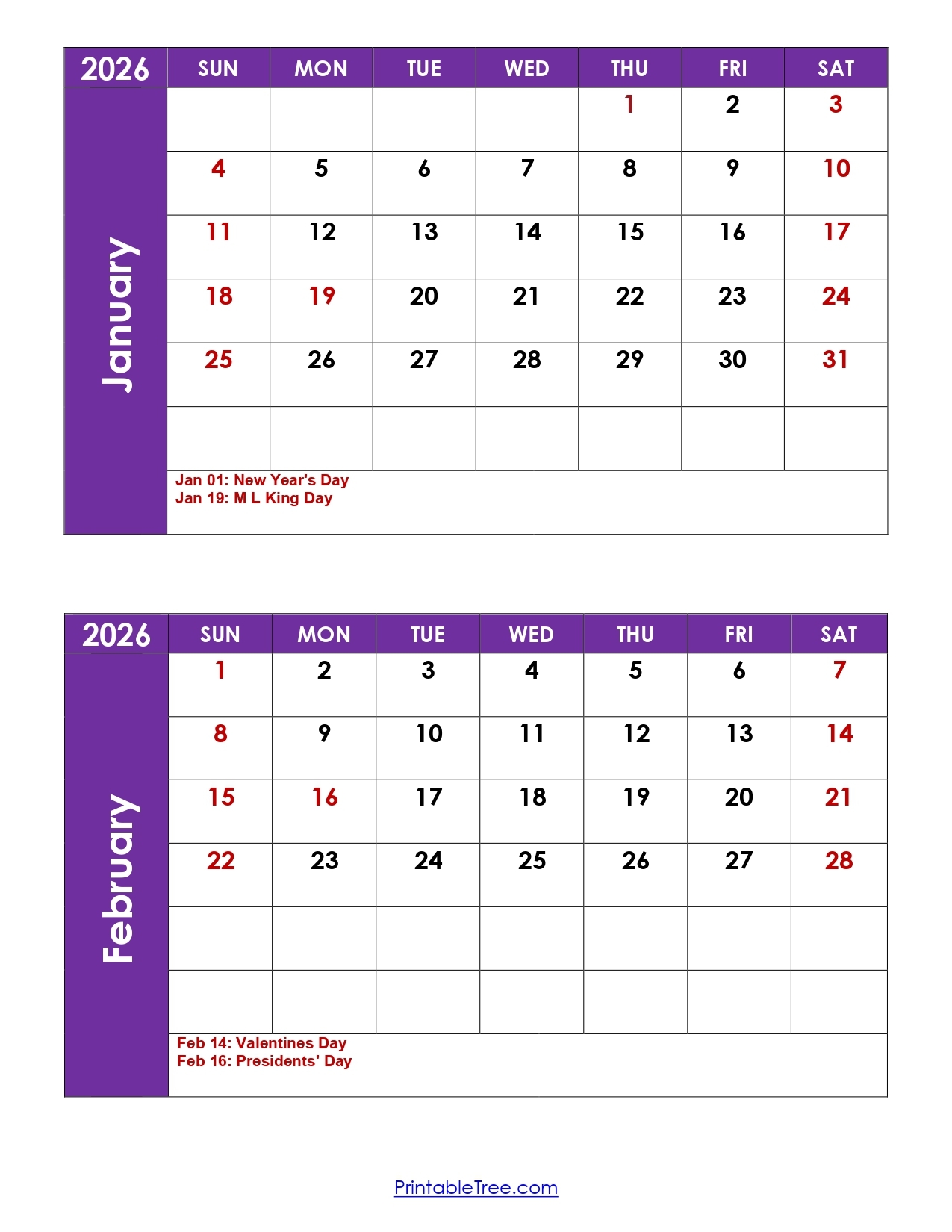 January February Calendar 2026