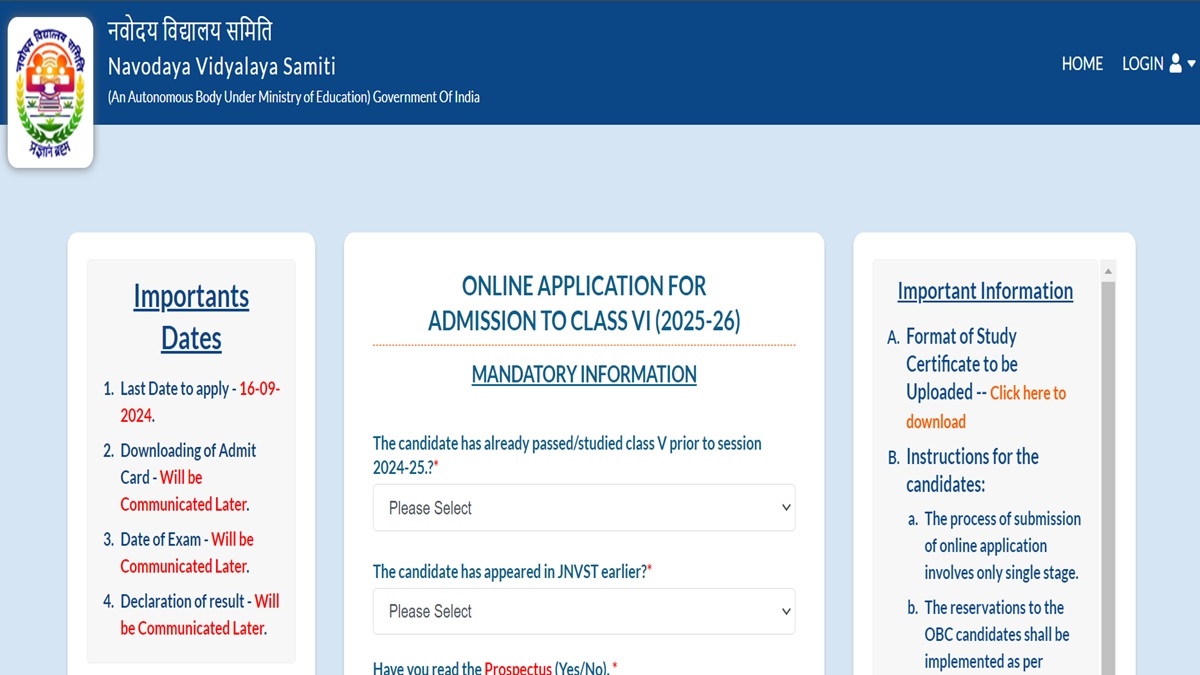 Navodaya Online Form Apply Class 6 2025