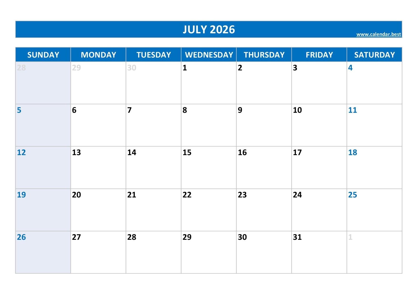 July Blank Calendar 2026 Free Download