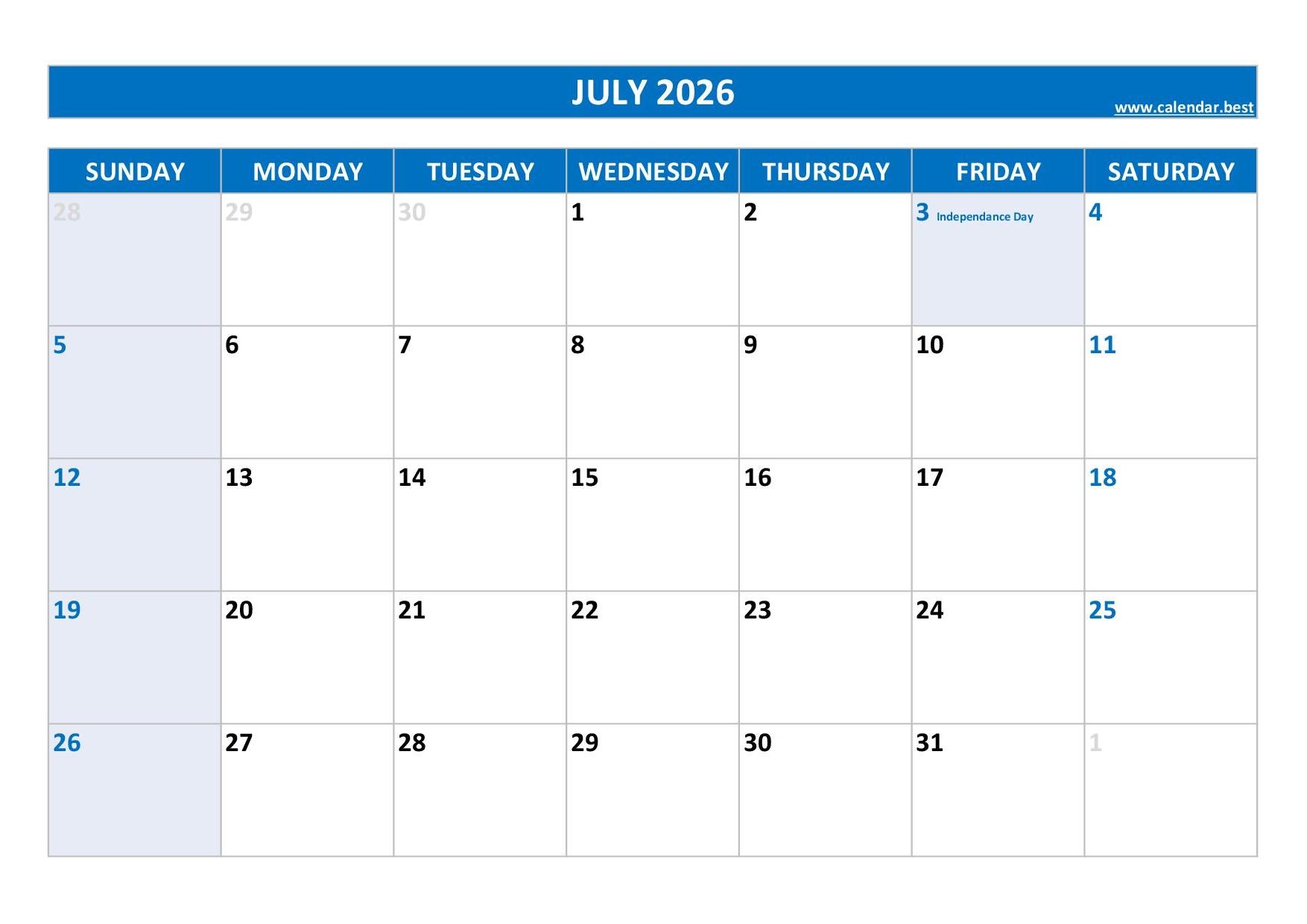 Blank Calendar For July 2026 Printable