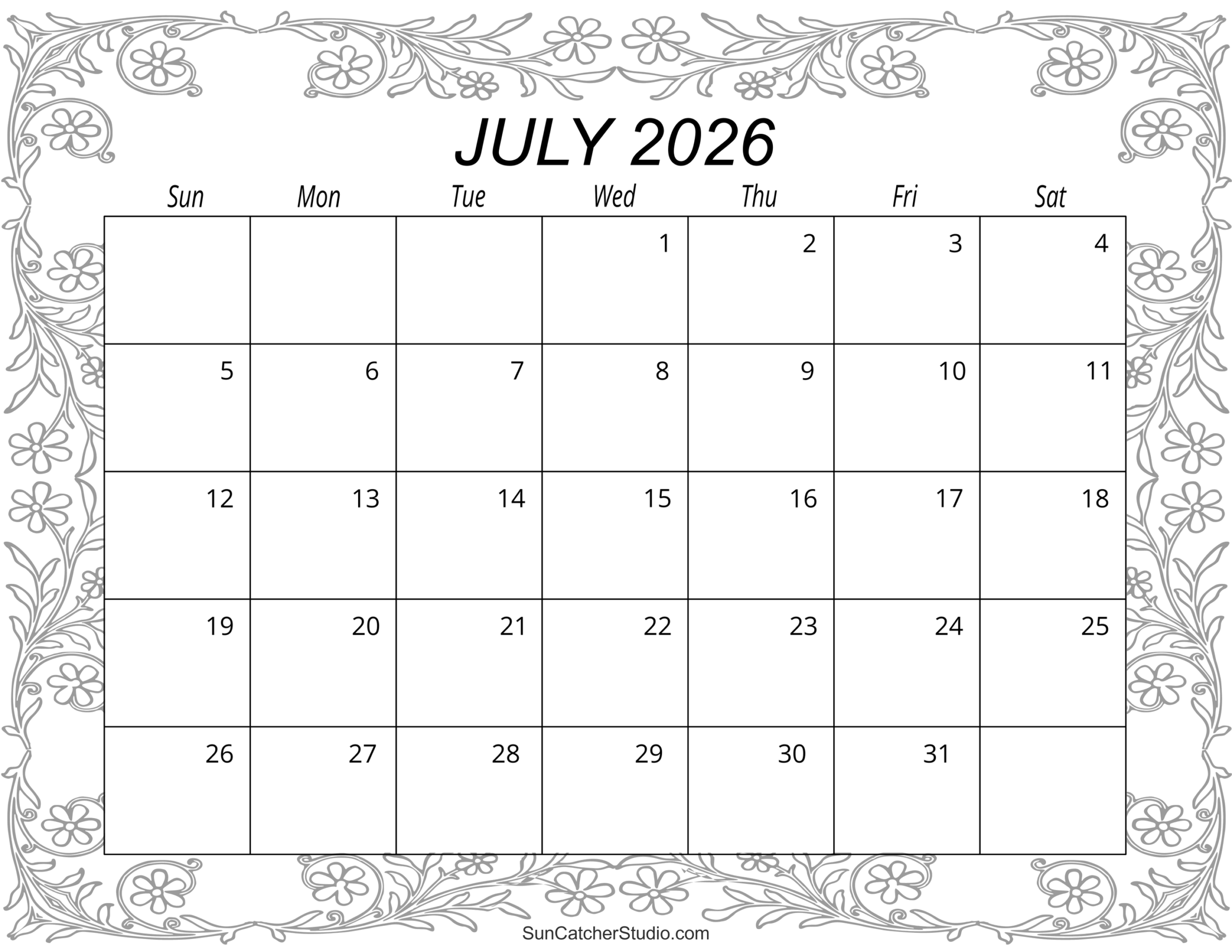 July Printable Calendar 2026 Free Blank