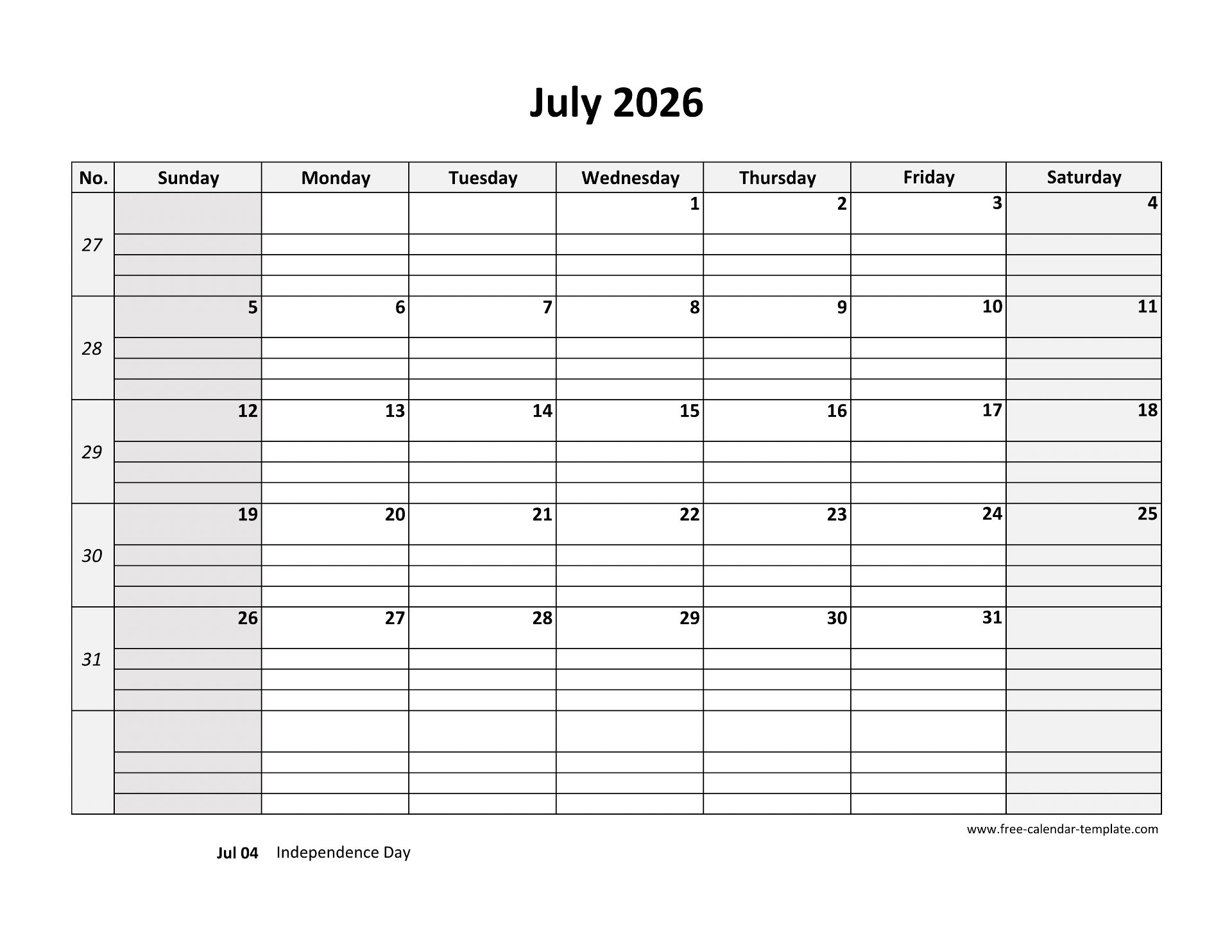 July 2026 Calendar Free Printable With Grid Lines Designed 