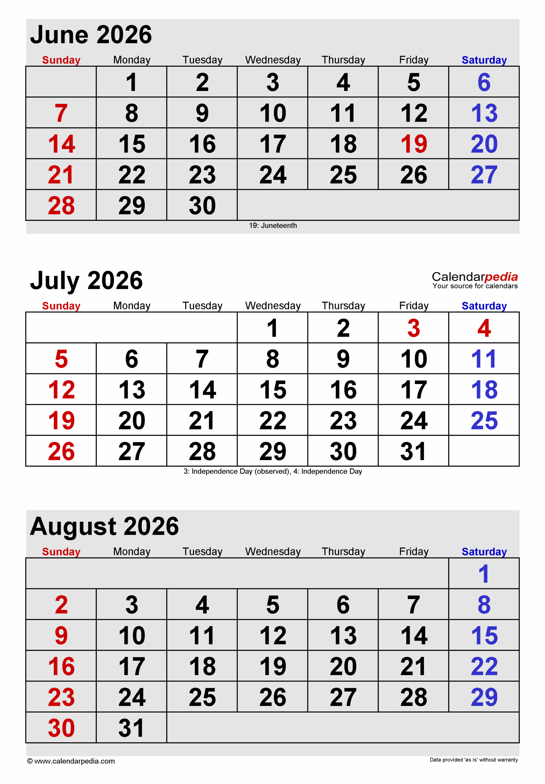 May June July August 2026 Calendar Printable