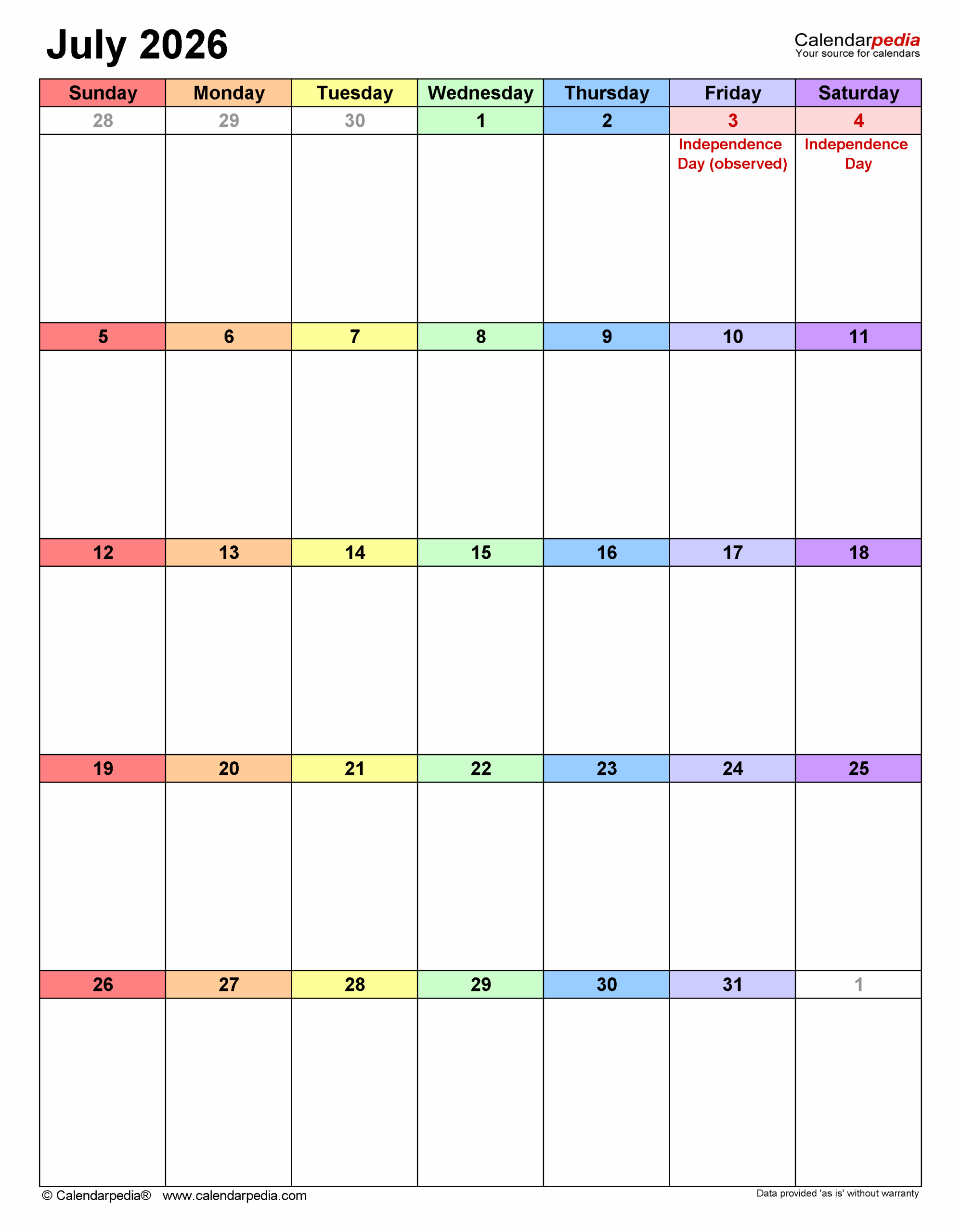 July 2026 Calendar Templates For PDF Excel And Word