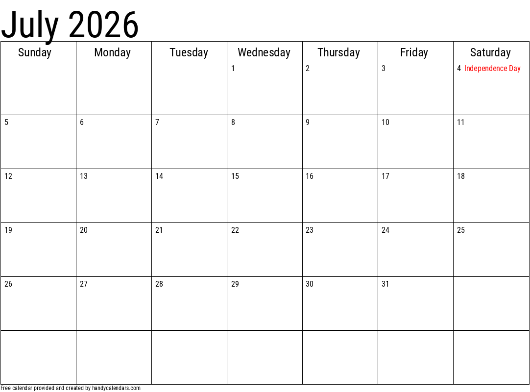 July 2026 Calendar With Holidays Handy Calendars
