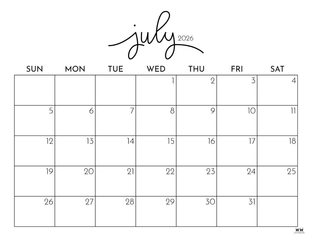 2026 Printable Calendar By Month July