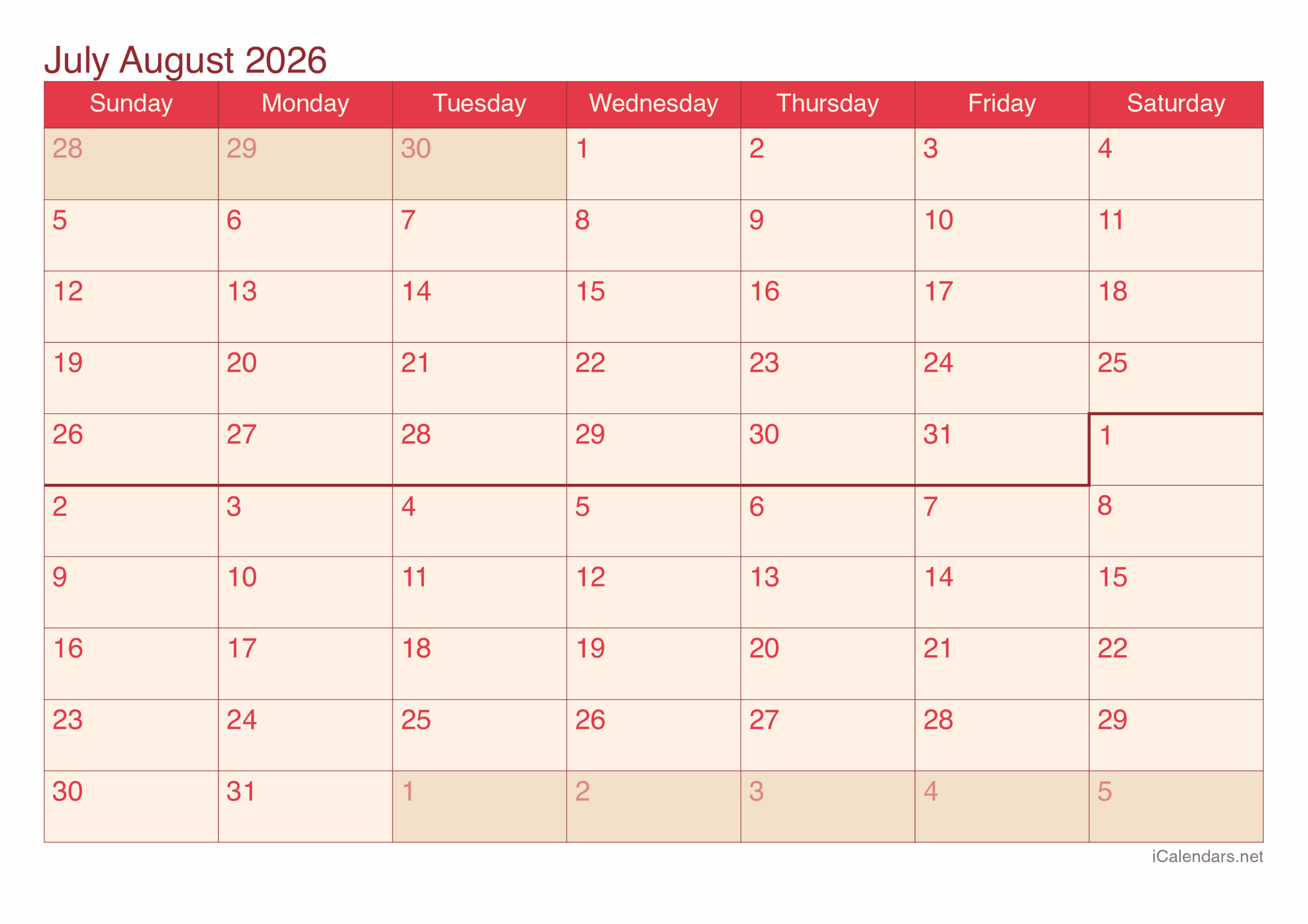 July August 2026 Calendar