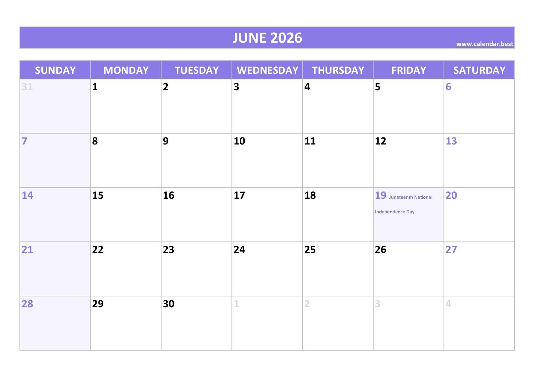 June 2026 Blank Calendar Printable