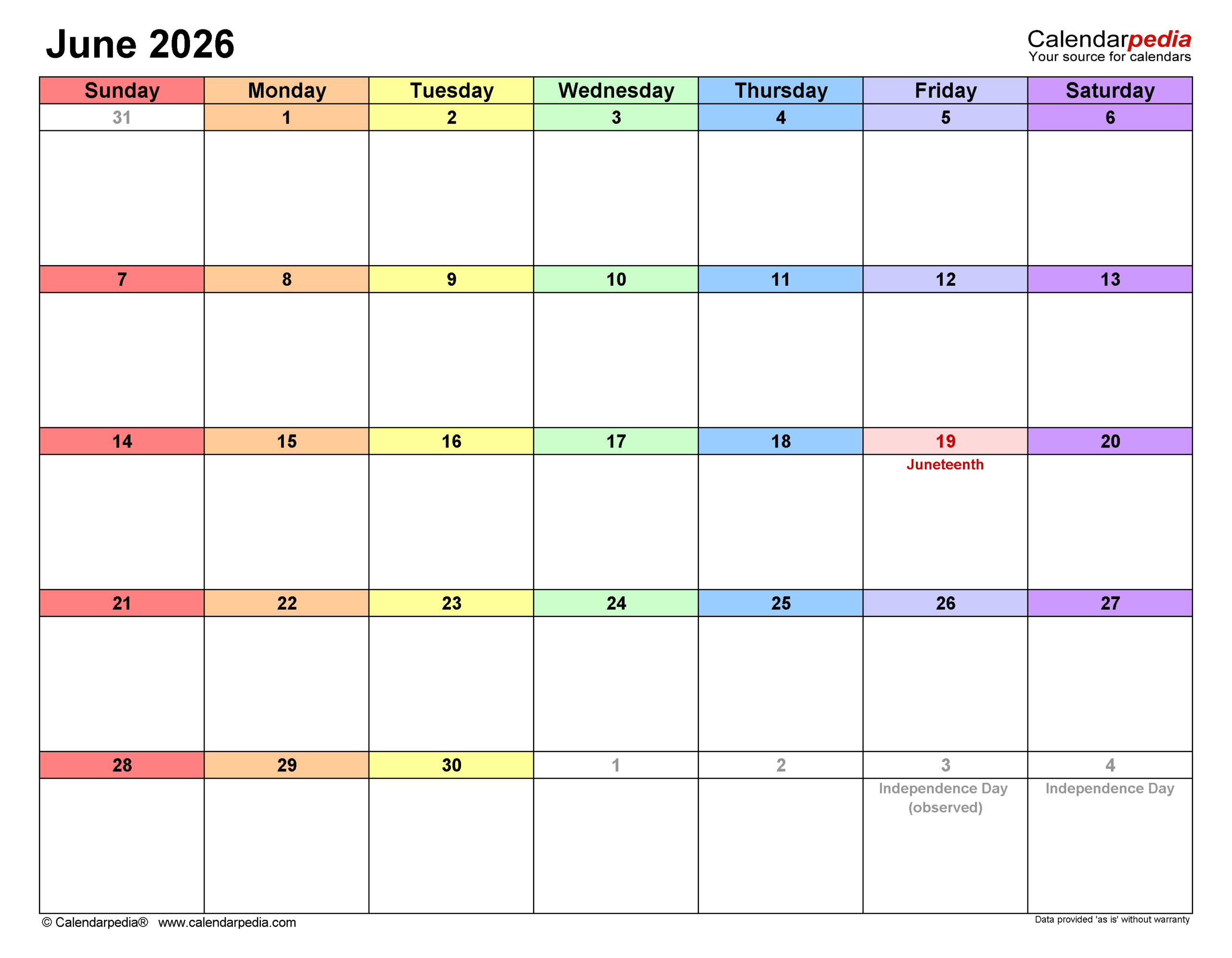 Blank Calendar For June 2026 Editable