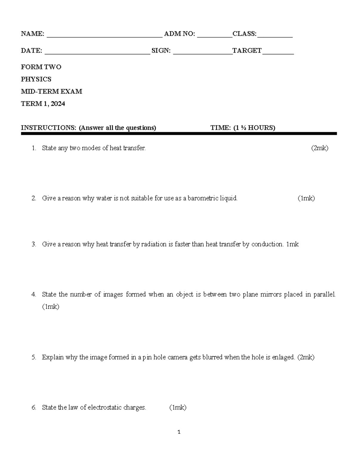 K C S E 2026 Form 3 Maths Opener Exam Set 1 Paper 1 Studocu