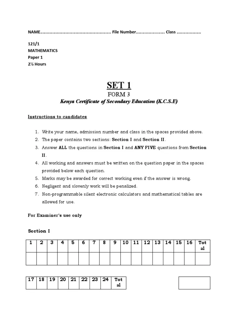 KCSE Form 3 Math Exam Paper PDF Area Test Assessment 