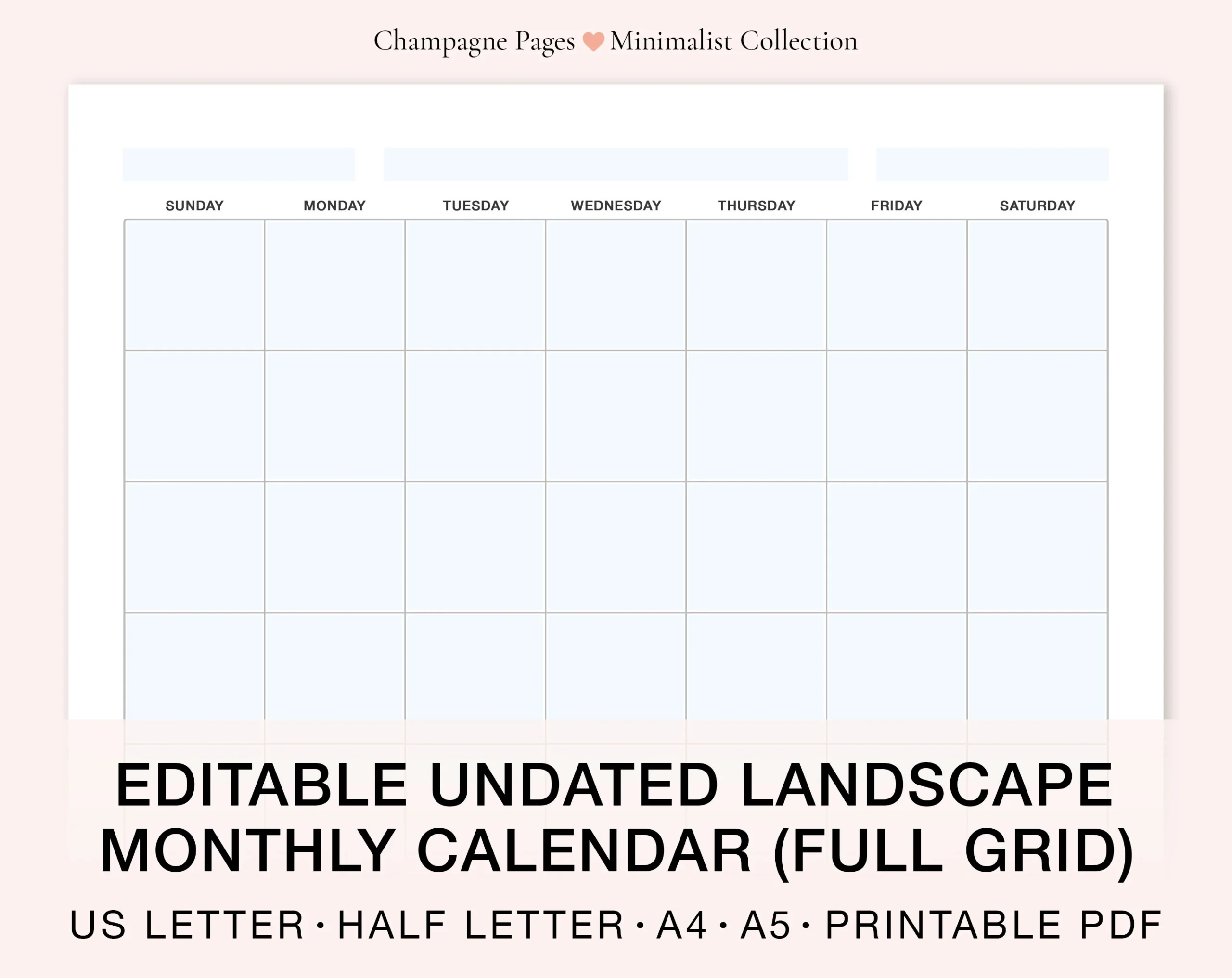 Landscape Editable fillable Blank Monthly Calendar Horizontal 