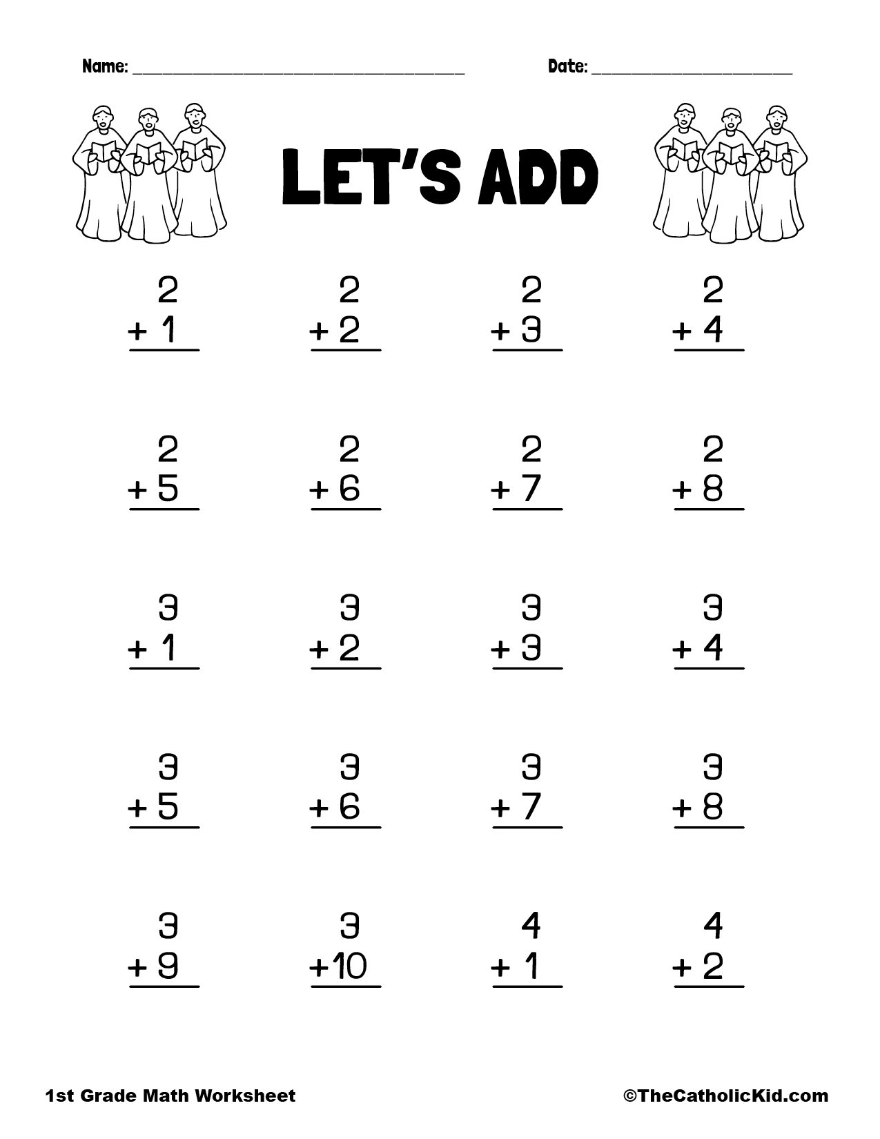 Lets Add 1st Grade Math Adding Worksheet Catholic 