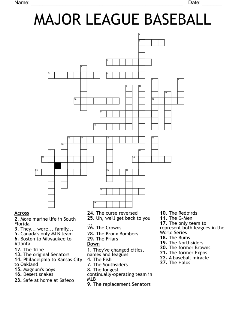 Baseball Crossword Puzzles Printable