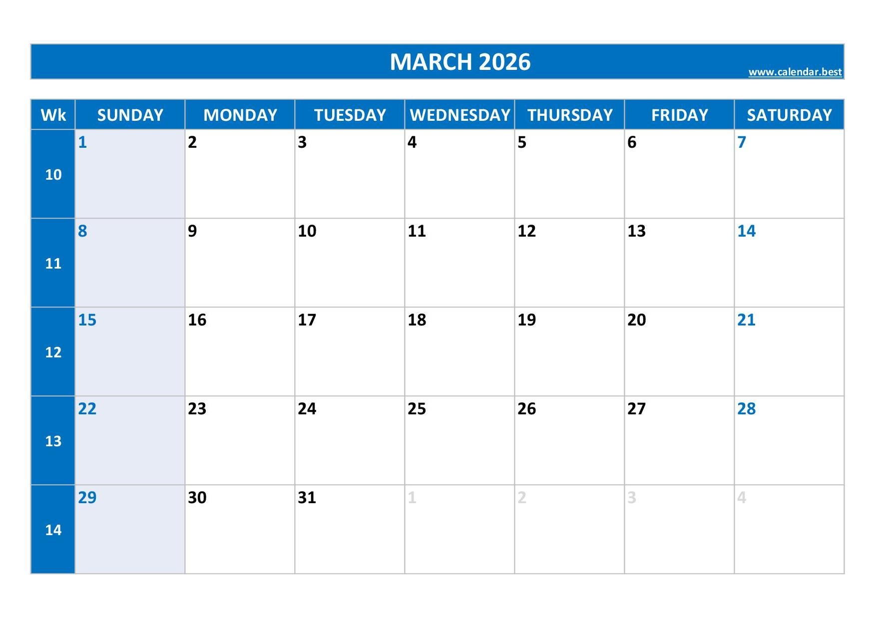Blank Printable March Calendar 2026