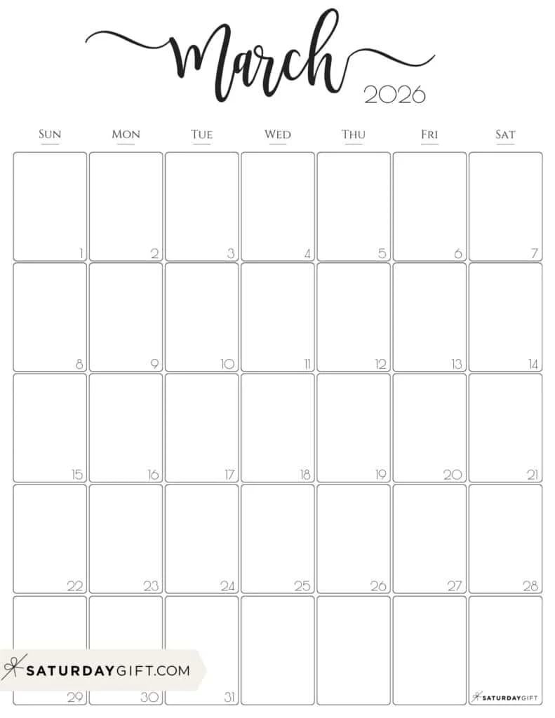 Printable Blank March 2026 Calendar