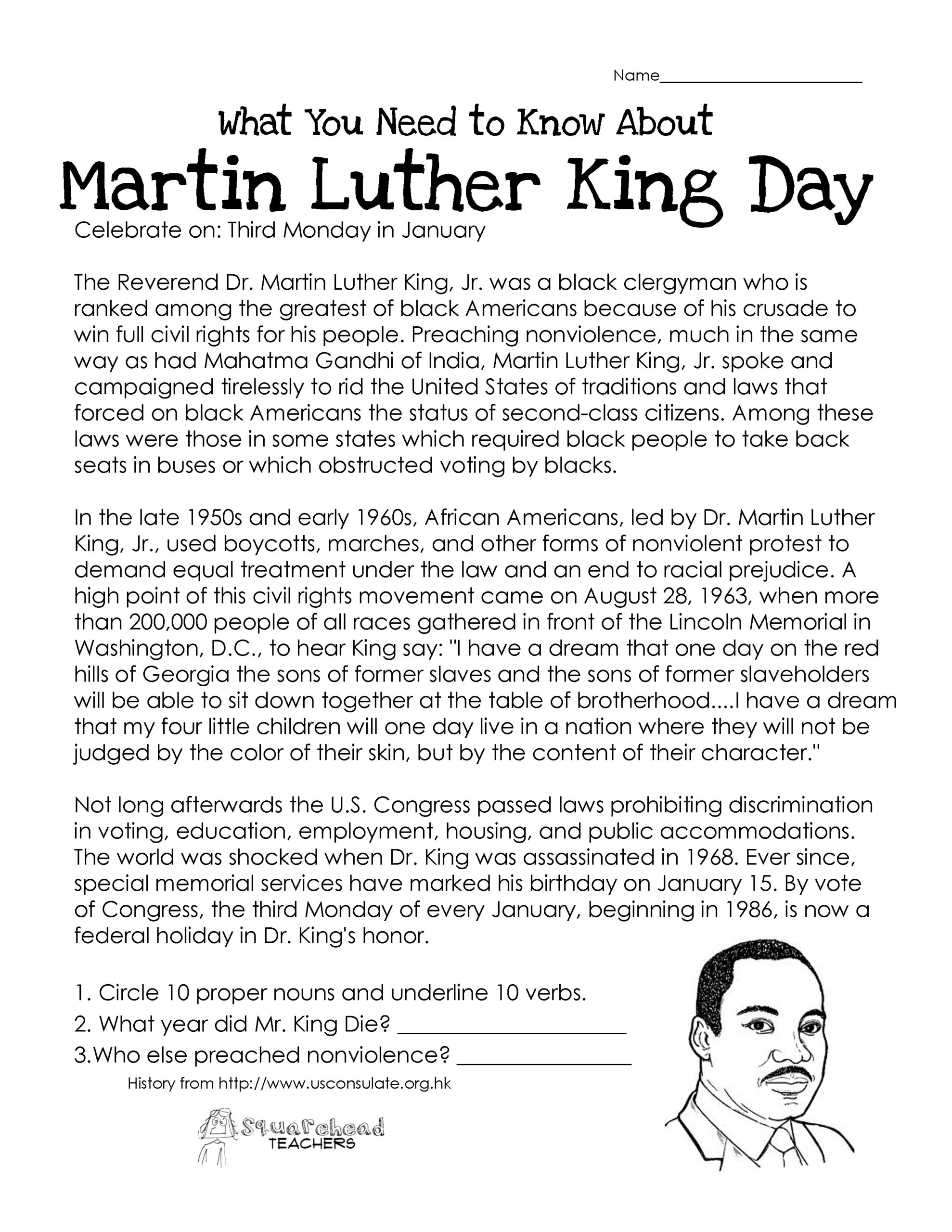 Martin Luther King Day free Worksheet Squarehead Teachers 