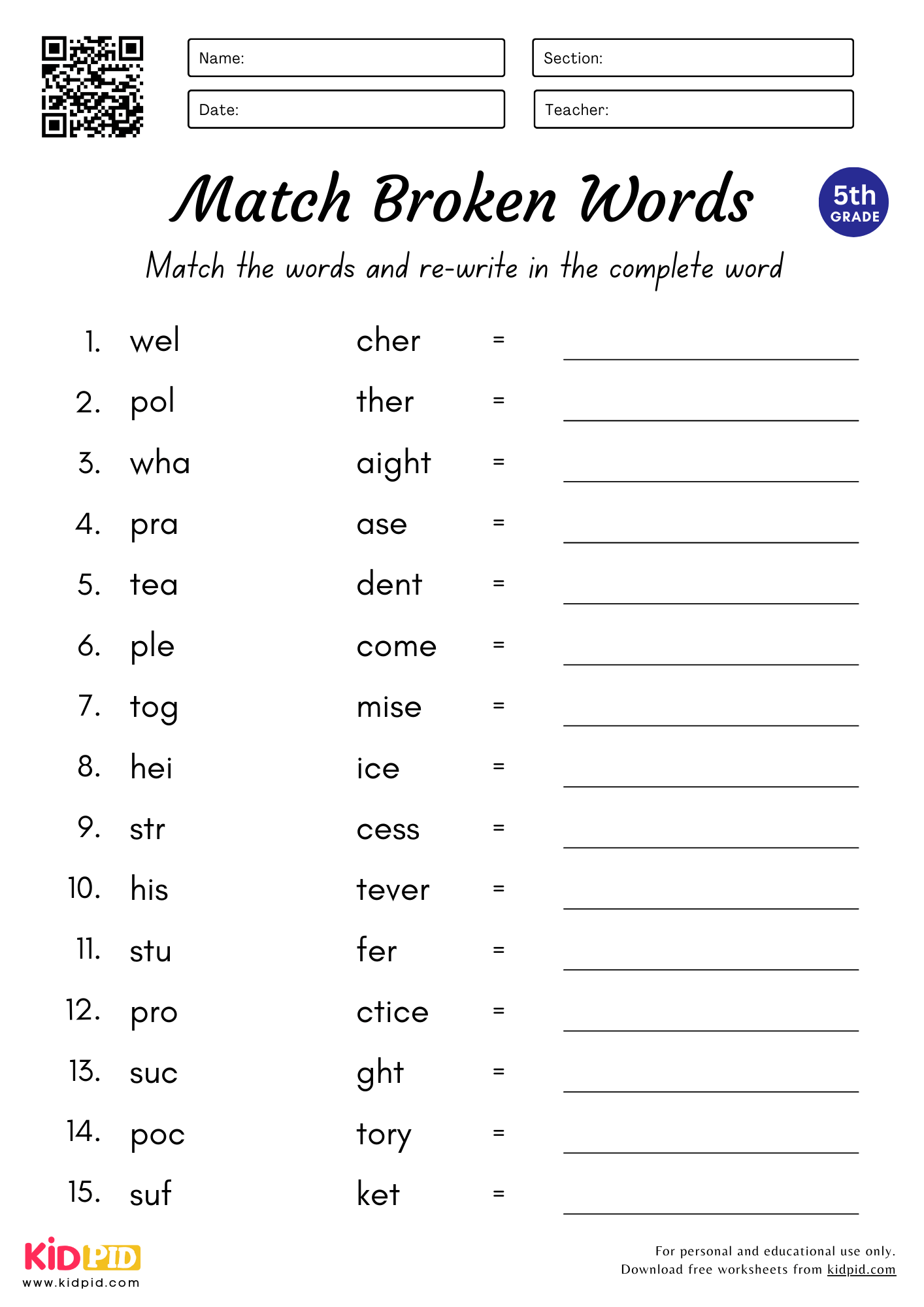match amp complete the words worksheet for grade 5 kidpid