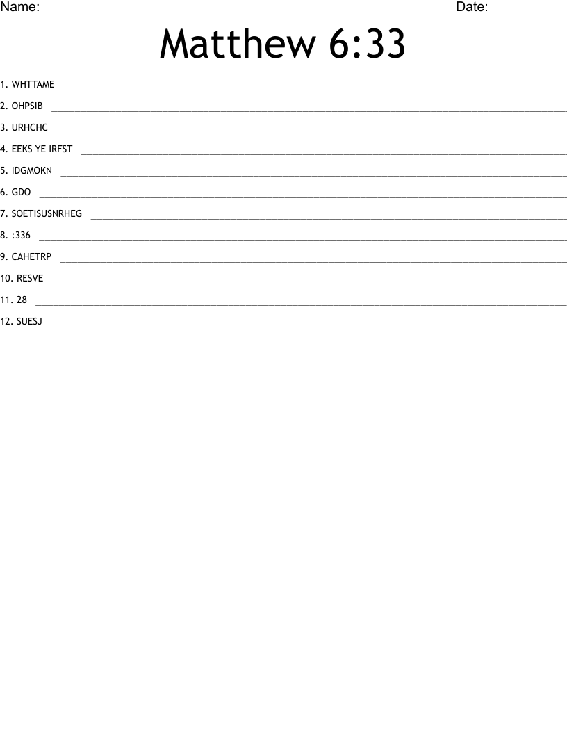 Matthew 6 Bible Crossword Puzzles Printable