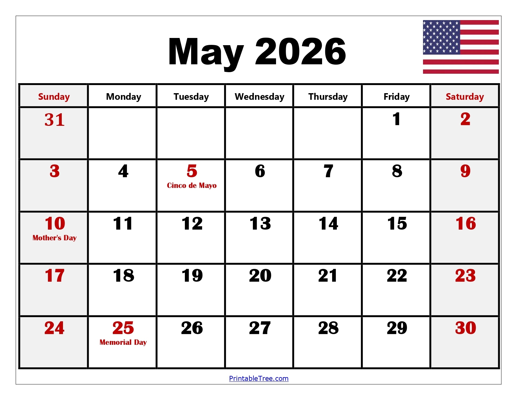 Blank 2026 Calendar Printable May 2026