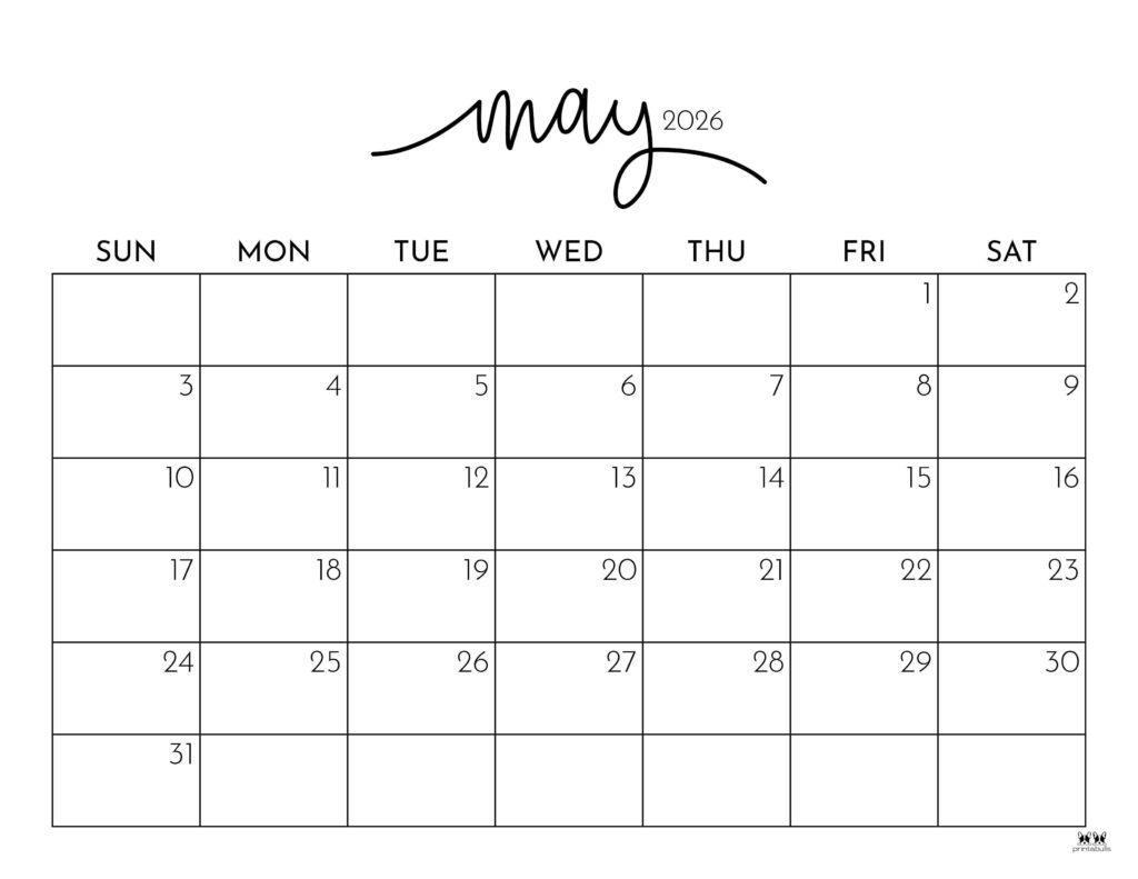May Calendar 2026 Free Printable
