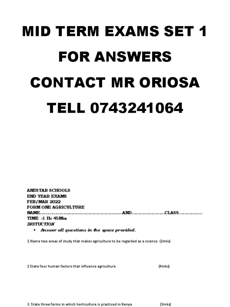 Form 1 Term 2 Mid Term Exams