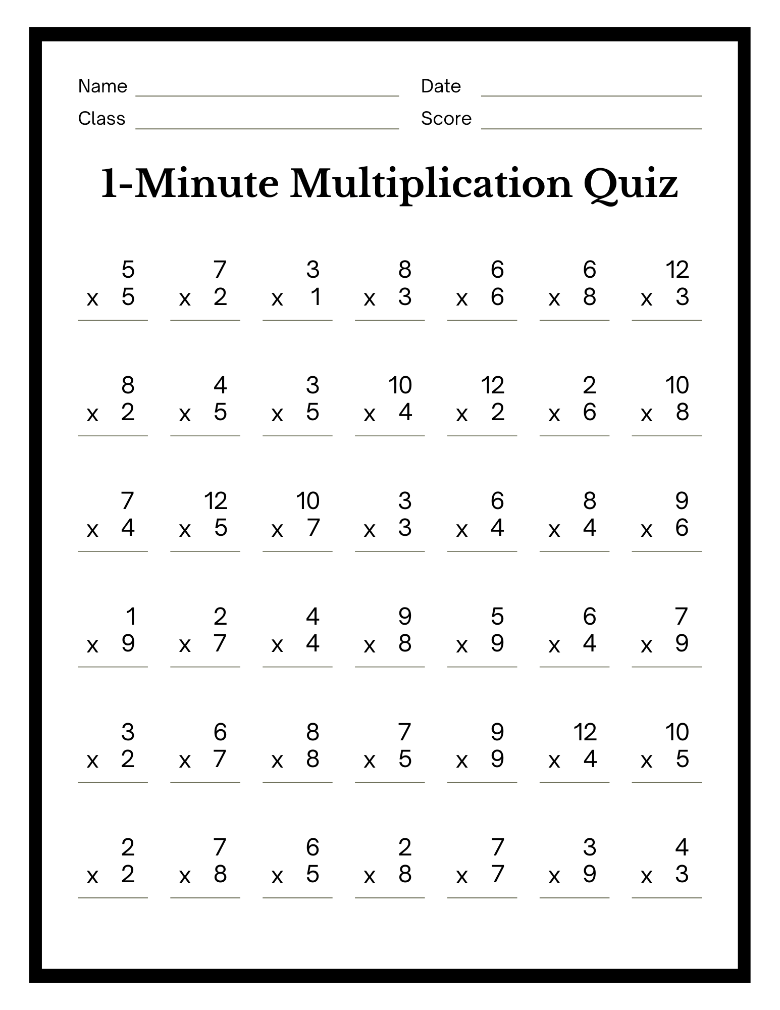 Free Printable Quiz Multiplication