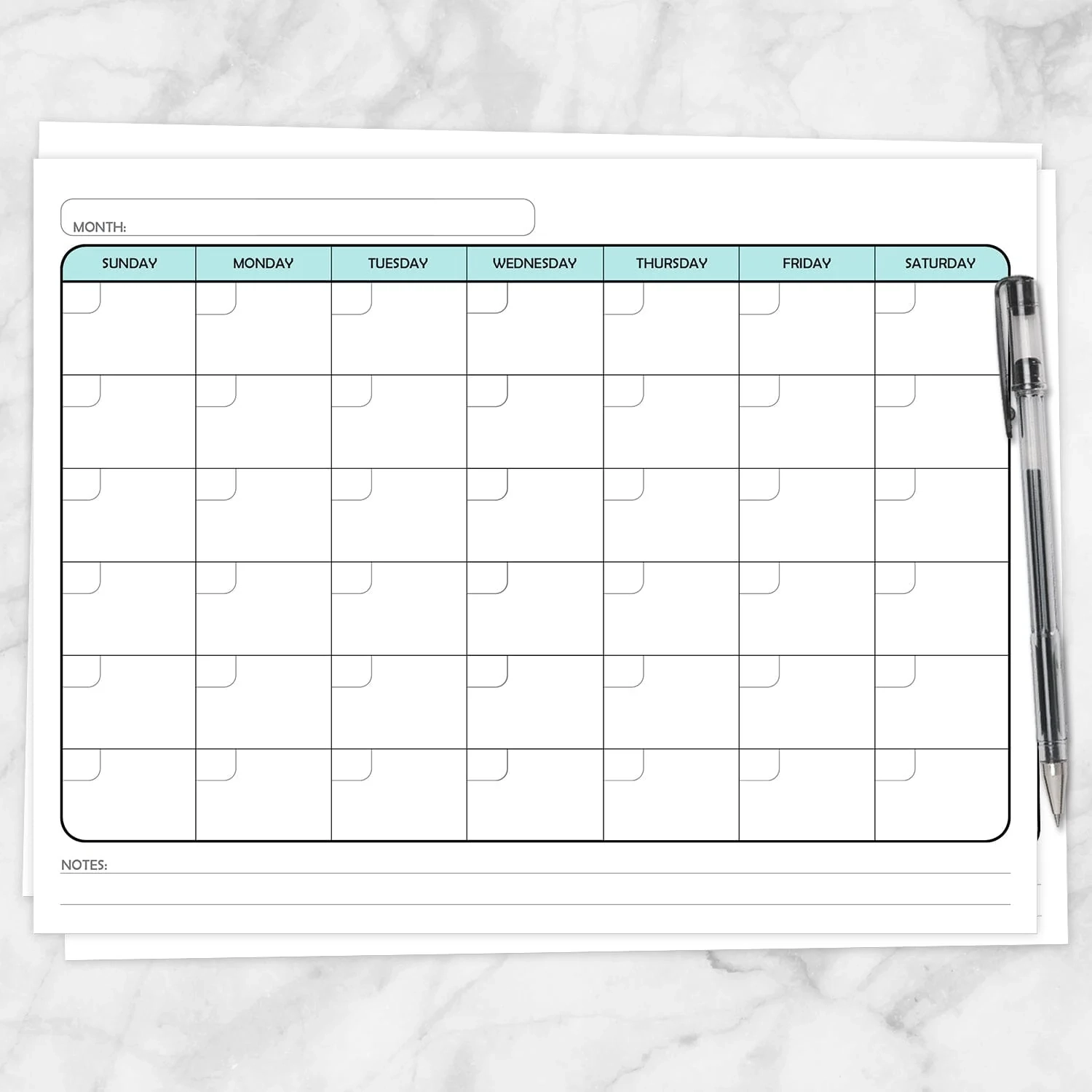 Modern Blank Monthly Calendar Teal Full Page Printable 