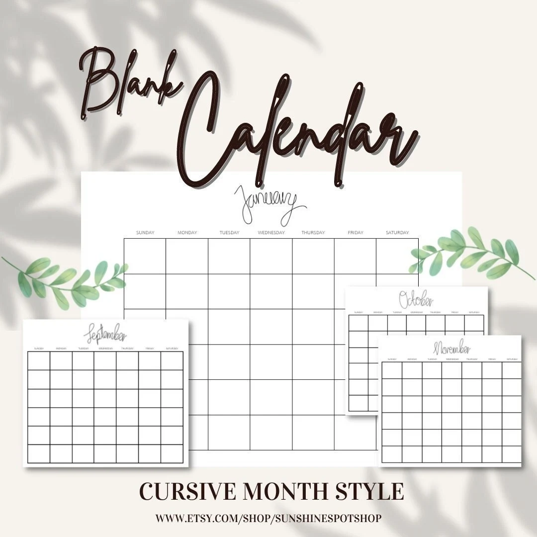 Monthly Blank Calendar Cursive Style Simple Calendar 11x8 5 