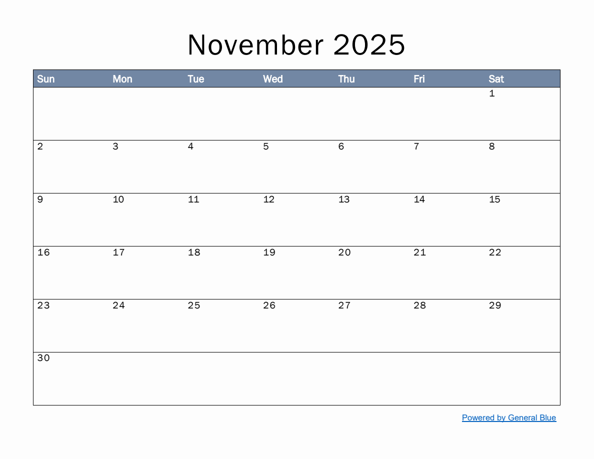 Monthly Calendar Template For November 2025