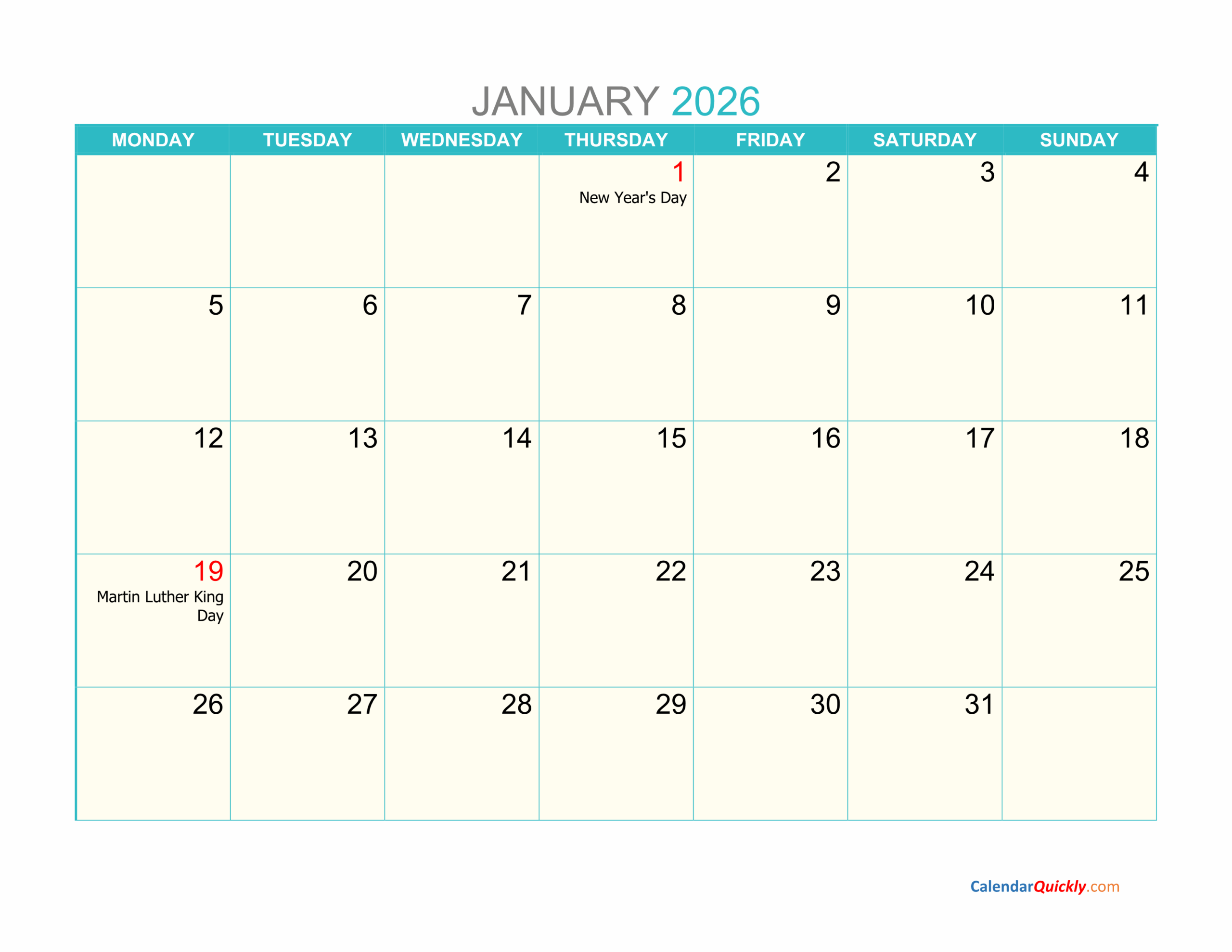 Printable Calendar Monthly 2026