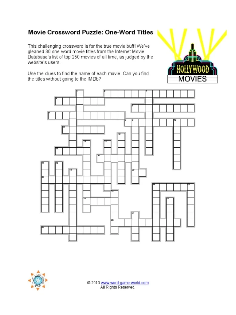 Printable Crossword Puzzles Movies