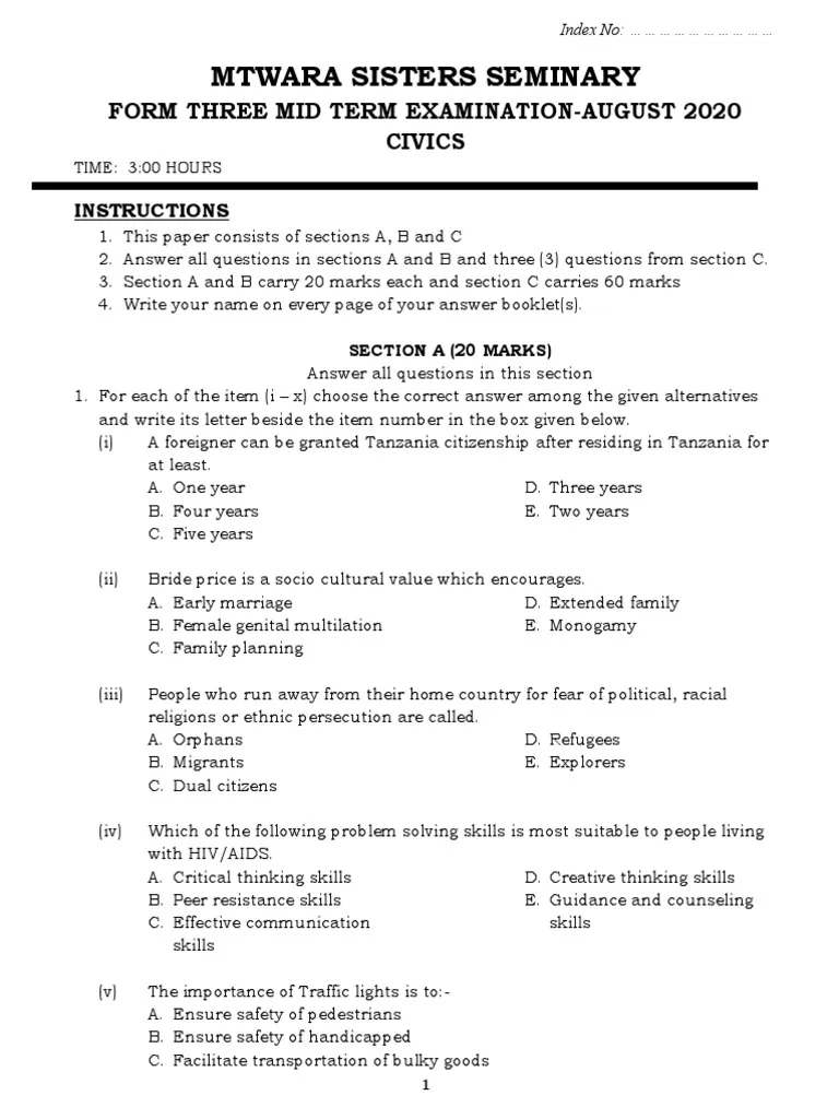 Mtwara Sisters Seminary Form Three Mid Term Examination August 