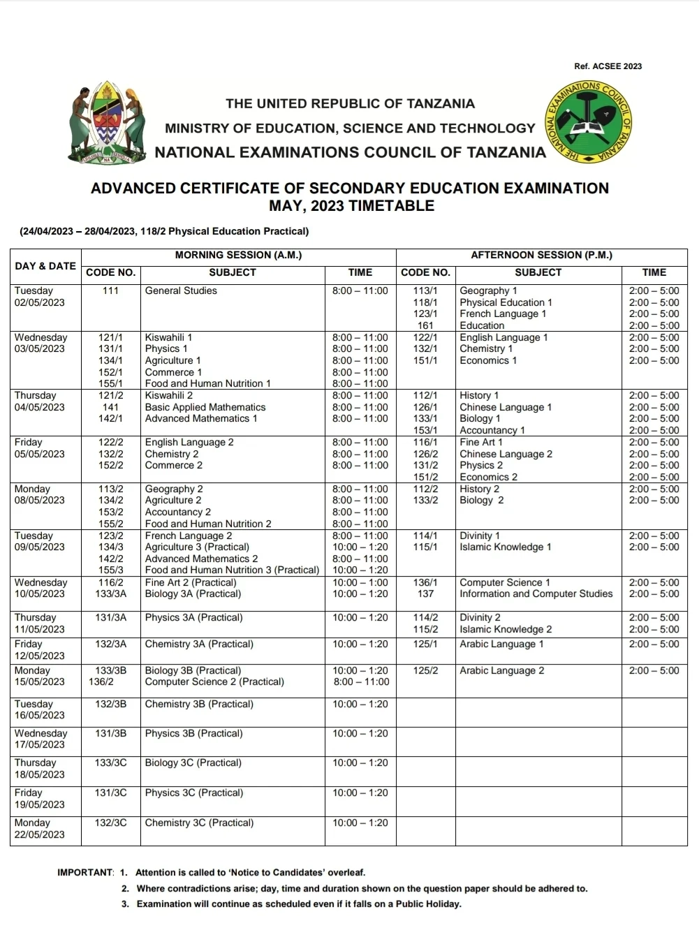 NECTA Form Six Timetable 2023 Ratiba Ya Kidato Cha Sita 2023 