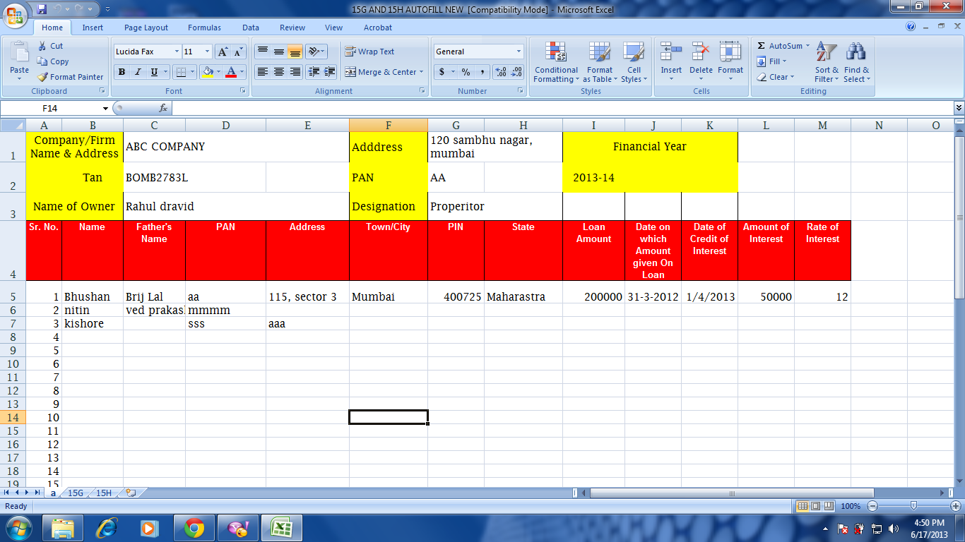 New Format Of Form 15G And 15H With Auto Fill Facility In Excel 