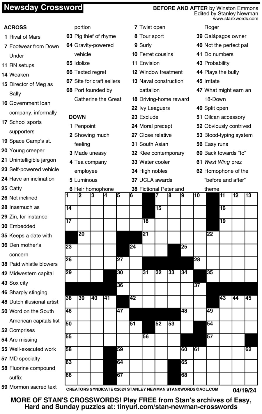 Newsday Crossword Puzzle For Apr 19 2024 By Stanley Newman 