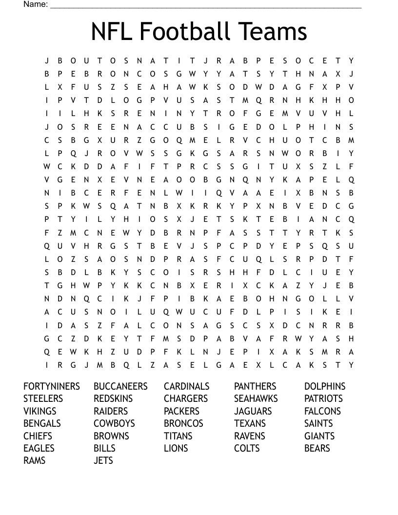 Nfl Teams Word Search Printable