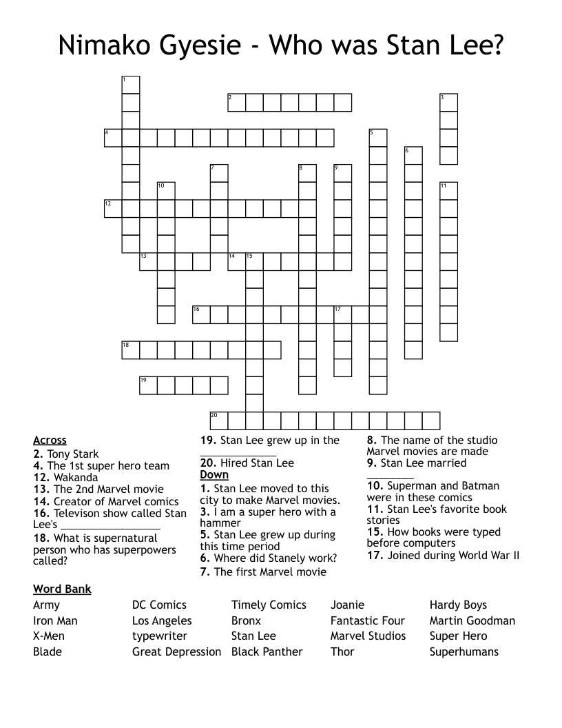 Nimako Gyesie Who Was Stan Lee Crossword WordMint