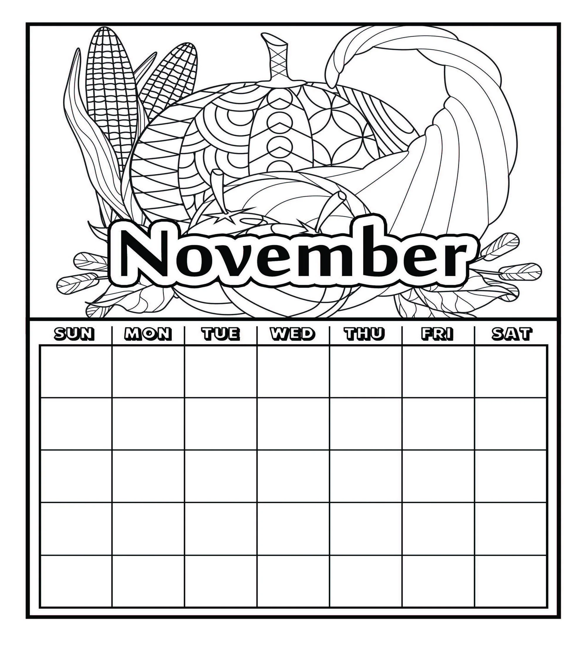 November Coloring Calendar Printable