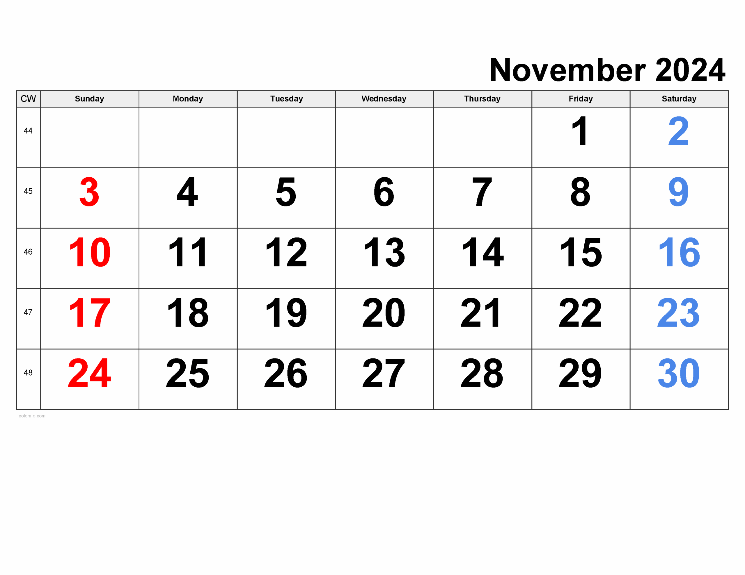 Excel Printable Calendar November