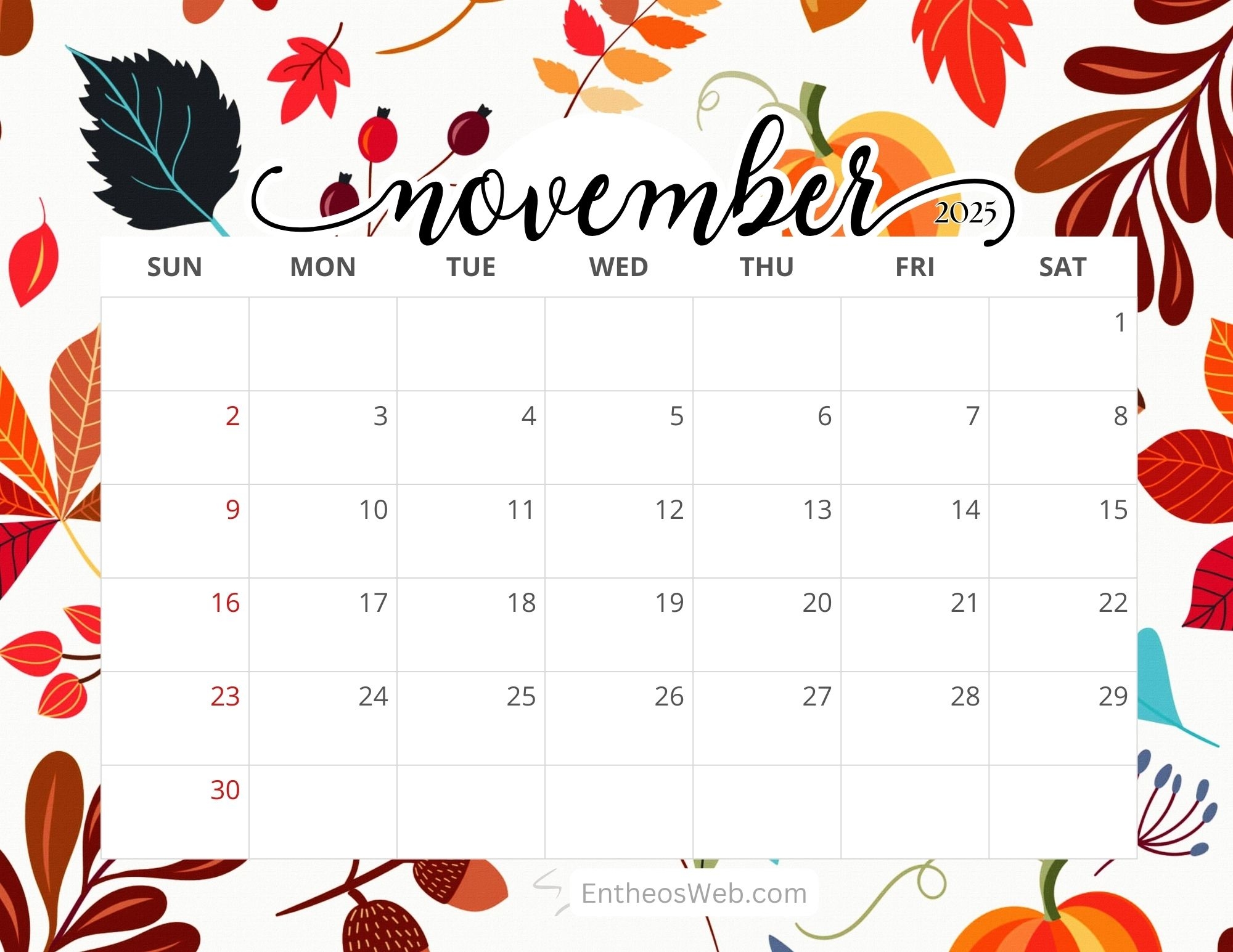 Printable Fall November Calendar
